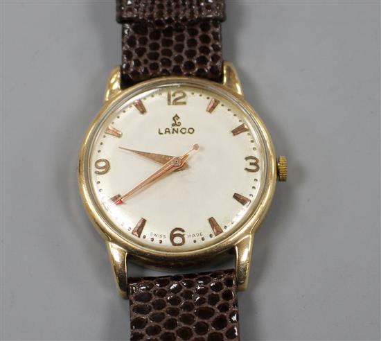 A gentlemans late 1950s 9ct gold Lanco manual wind wrist watch, with baton and Arabic numerals,